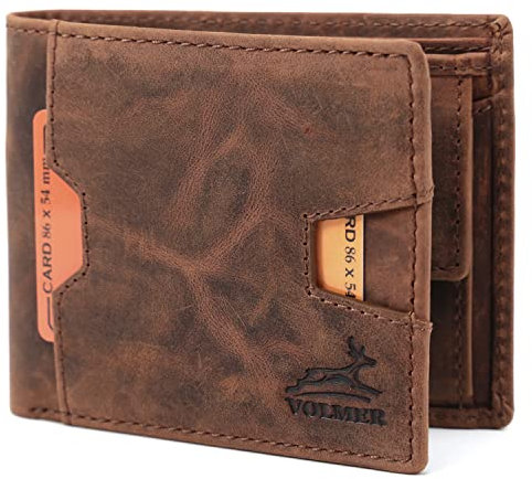 Fa.Volmer ® Leder Geldbörse mit RFID-Schutz - aus Büffelleder im Antique-Look - großes Münzfach, Schnellzugriff-Fach außen - Braun