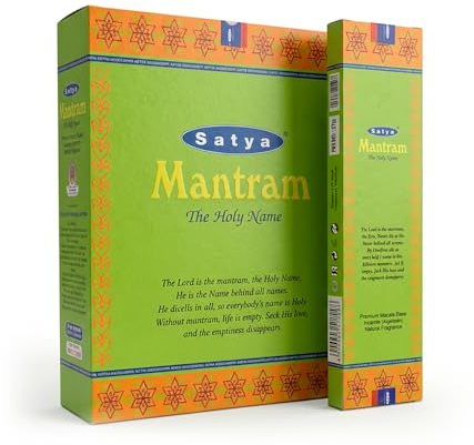 Aromasenses | Incienso Satya Mantram The Holy Name | Caja Completa de 12 Cajetillas de 25 g | Varillas de Incienso Masala de La India | Aroma de Azafrán y Sándalo para Meditación, Yoga y Relajación
