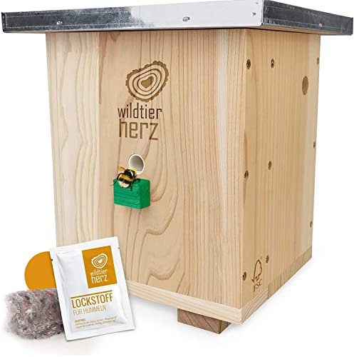 wildtier herz I Großes Hummelhaus Natur, geschraubtes Massivholz, Set - inkl. Lockstoff + Nistmaterial, Hummelhotel, Insektenhotel, Hummelkasten, Hummeln, bienenhaus, hummelnest, hummelkiste