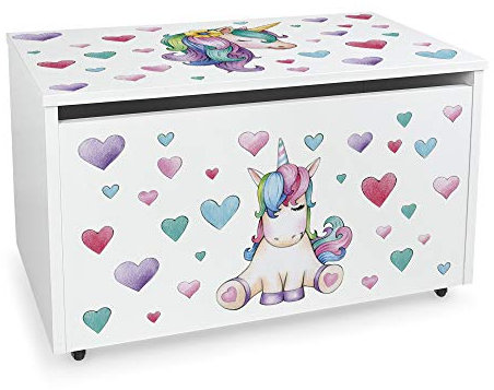 Leomark Holz Spielzeugkiste auf Rädern, Sitzbank mit Stauraum, Spielzeugkiste mit Deckel, Kinderbank - Truhenbank für Kinder, weiße Aufbewahrungsbox 91L, Höhe: 46 cm (Einhorn)