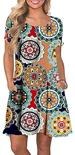 OMZIN Damen Casual Kleid Swing Weich Strandkleider Minikleid mit Blumen Strandkleid Grüner Ring 5XL