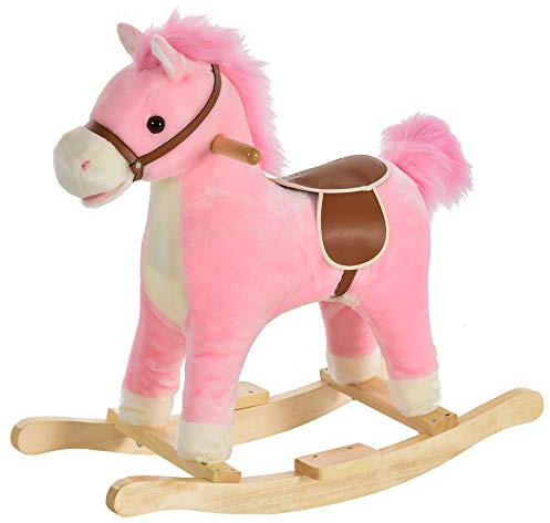 HOMCOM Caballo Balancín para Bebé de 36 a 72 Meses Juguete Balancín de Felpa Suave con Música Relinchos Sonidos de Galope Boca y Cola Móviles 65x32,5x61 cm Rosa