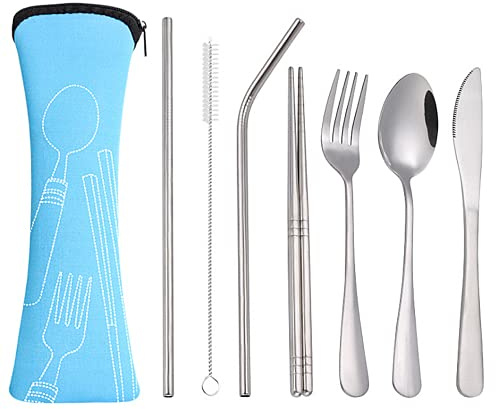 Tragbare Utensilien, wiederverwendbares Reise-Campingbesteck-Set, 8-teilig, inklusive Messer, Gabel, Löffel, Stäbchen, Reinigungsbürste, Trinkhalme, tragbares Etui, Edelstahl-Besteck