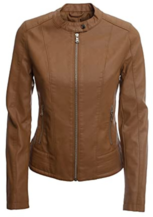 JOPHY & CO. Giacca Corta Donna Ecopelle con Tasche, Cerniere e Scollo Coreana (cod. 8820) (Cuoio (cod. 8820), M)
