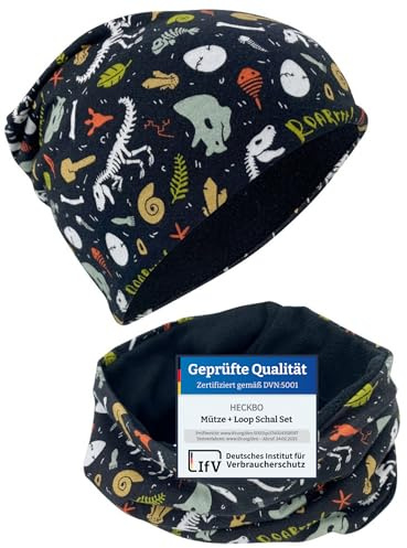 HECKBO Set Gorro de Invierno & Bufanda Infantil – Dinosaurio – 2-8 Años – 95% Algodón con Forro Polar (48–54 cm)
