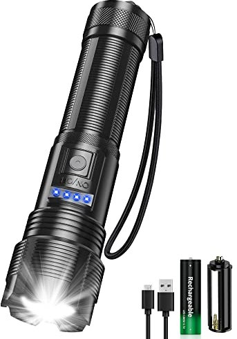 iToncs Taschenlampe LED Aufladbar, Hell Taschenlampe XHP50, Legierung Taktische Taschenlampe, Zoombar Flashlight, IPX67 Wasserdichte Handlampe mit 5 Lichtmodi für Outdoor Camping
