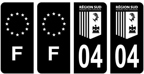 HADEXIA Nummernschild-Aufkleber, französisches Departement 04, Alpes-de-Haute-Provence, Region SUD, Schwarz und F, Frankreich, 4 Stück