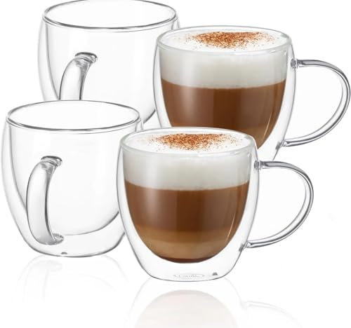 UNIQU 4x250ml Double Walled Glass Mugs Coffee Cappuccino Latte Macchiato Glasses Cups with Handle, Heat Resistant Borosilicate Glass Cups with Handle for Tea, Coffee, Latte, Cappuccino & Beverages