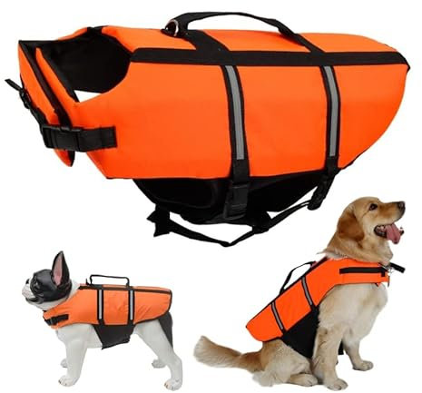 Schwimmweste Hund, FainFun Schwimmweste Hund Orange, für Klein und Groß Hunde Ripstop und Reflektierende, Verstellbare Größe mit Starkem Auftrieb und Schwimmen Rettungsgriff(XL, Orange)