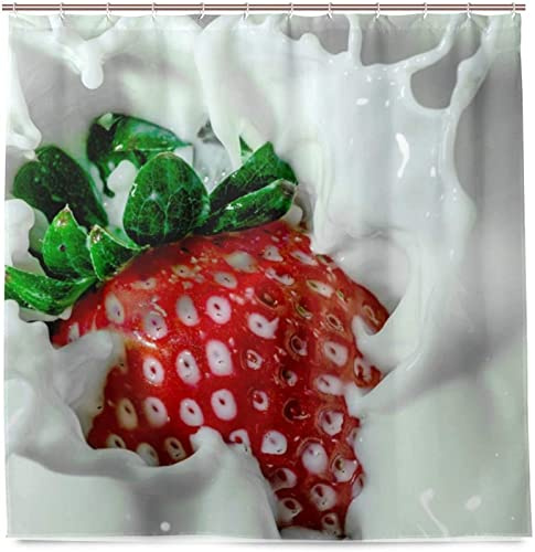Duschvorhang 180x200 Milch Erdbeere Duschrollo Wasserabweisend Anti-Schimmel mit 12 Duschvorhangringen, 3D Bedrucktshower Shower Curtains, für Duschrollo für Badewanne Dusche