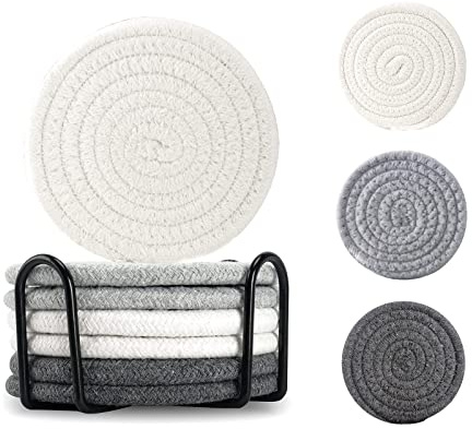 Untersetzer Gläser mit Halter, Vintage Handgefertigte Tassenuntersetzer Set 6 Stück für Tischschutz, Rund Wasser absorbierende Getränkeuntersetzer