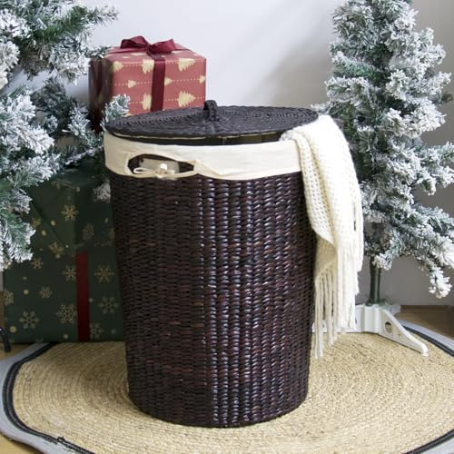 Furnnylane Hand-Woven Wicker Laundry Basket with Lid, 20 Gal (75 L) Large Laundry Hamper with Removable Liner for Laundry Room and Home Decor, Artisan Coffee (21H x 15.7D)