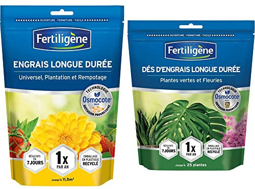FERTILIGENE Engrais Longue durée Osmocote Max Universel, Plantation et Rempotage 700g & FERTILIGENE Dés d'engrais Longue durée Osmocote Max Plantes Vertes et Fleuries 25 dés