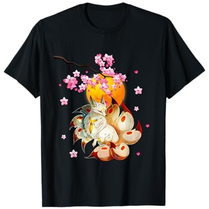 Kitsune-Fox Renard japonais à neuf queues Fleurs de cerisier T-Shirt