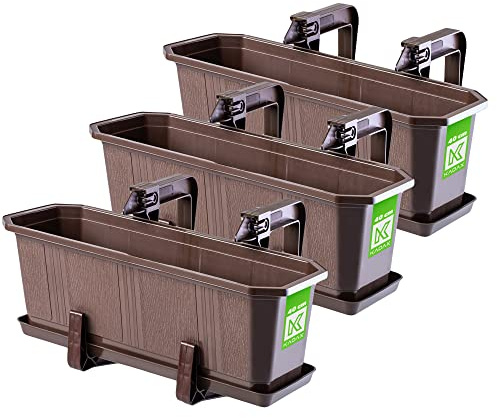 KADAX Set 3x40cm Blumenkasten Braun, Balkonkasten aus Kunststoff, Pflanzkasten für Blumen und Kräuter, Widerstandsfähiger Balkontopf, Pflanzkübel für Balkon