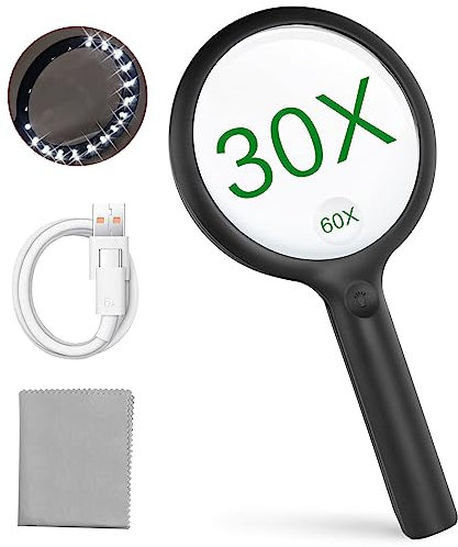 Lupe mit Licht - Leselupe mit Licht für Senioren Groß 3 Lichtmodi USB Wiederaufladbar Beleuchtete Lupe mit 20 LEDs Leichtgewicht Vergrößerungsglas mit Brillenputztuch HandLupe für Sehschwäche(Schwarz)