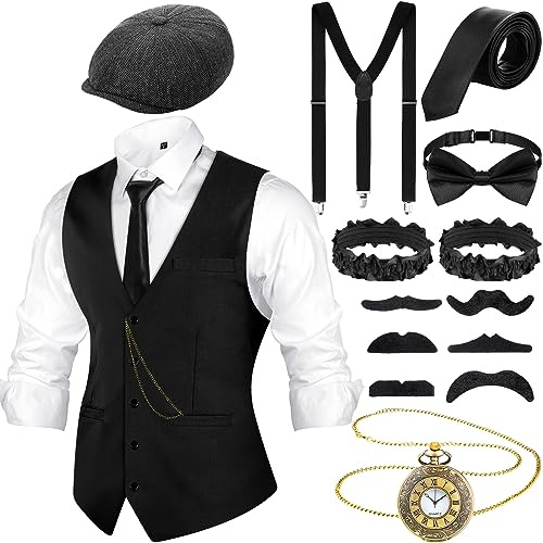 Foaincore 1920er Jahre Herren-Kostüm, 20er-Jahre-Kostüm, Outfit mit Gangster-Weste, Hut, Vintage-Taschenuhr, Hosenträger (schwarz, groß)