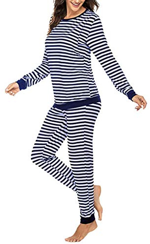 Damen Schlafanzug Stillpyjama Langarm Gestreift Umstandspyjama Schlafanzug Umstandnachtwäsche Lang Schwangere Stillpyjama Weich Umstandsmode Schlafanzug mit Stillfunktion Nachtwäsche für (Navy, XXL)