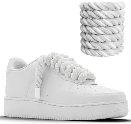Chunky Laces - White Cotton 14mm Rope Laces with White Tips, 160cm Length, Compatible with Air Force 1 Macrame Cord - Thick Rope white Shoelaces AF Sneaker Shoes, laces trainers sneakers
