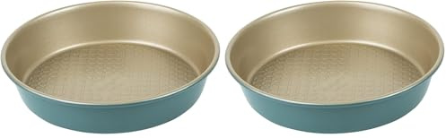 PRESTIGE x Nadiya Round 9 Inch Cake Tins for Baking - Non Stick Cake Tin 23 cm, Dishwasher Safe Lightweight Steel Bakeware, Teal and Gold (Pack of 2)