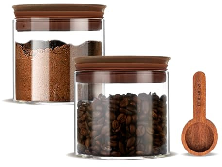 BOILMERIT 17 oz Coffee Canister with Scoop and Wooden Lids, Airtight Glass Coffee Beans Storage Container Sets of 2 for Ground Coffee,Food Storge Jars for Ground Coffee Bar Cereal Snack
