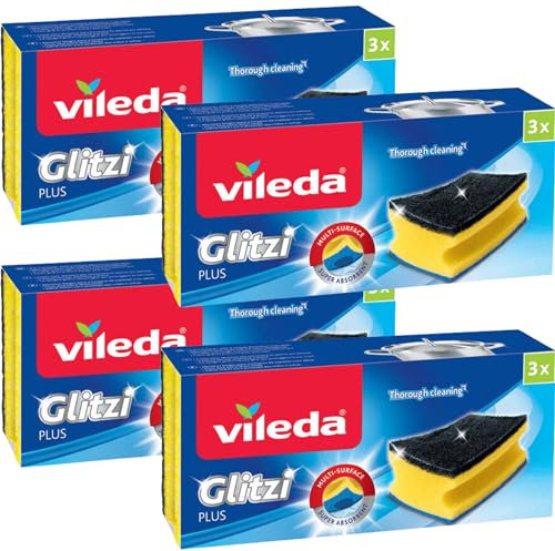 Glitzi Plus - La Spugna Abrasiva Super Assorbente con Trattamento Antibatterico, Rimuove lo Sporco Ostinato in Profondità, Confezione da 3 spugne (4 Confezioni)