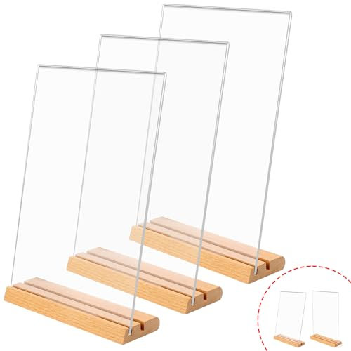 Dadabig A4 Acryl Aufsteller, 3 Stück Tischaufsteller mit Holz Sockelboden Schildhalter in T/L Form Tischständer Doppelseitiger Menühalter Werbeaufsteller für Cafe Restaurant Hotel Laden