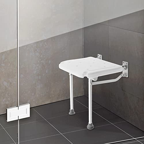 LUNICASHA Asiento de ducha plegable montado en la pared, asiento plegable para ducha de hasta 100 kg, montaje en pared con patas plegables, taburete de baño, silla de ducha para personas mayores y