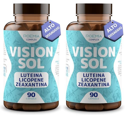 Integratore Occhi Vista Luteina e Zeaxantina Alto Dosaggio 2x90 Capsule Con Zinco Licopene Mirtillo Nero Vite Rossa Antiossidante Per Occhi Vitamina A B12 Vegano Vision Sol Poemia