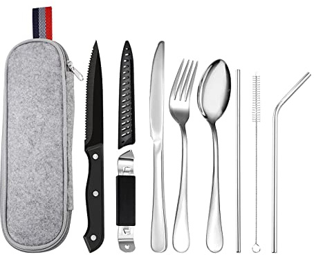 OBR KING Travel Cutlery Set with Case, 9 Pieces Stainless Steel Knife and Fork Sets Portable Outdoor Camping Utensils, Silver
