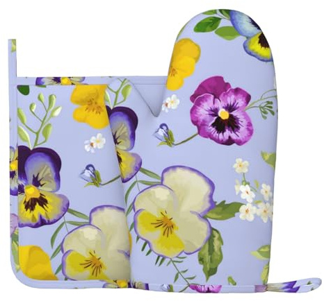 Flores de Pensamiento, Juego de Manoplas y agarraderas para Horno, Guantes de Horno de Silicona Antideslizantes Resistentes al Calor