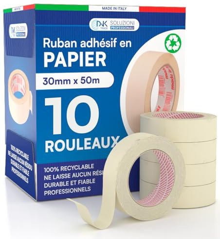 DNK TRADE 10x Cinta de Carrocero Para Pintar y Enmascarar 30mm x 50m - Removible Sin Residuos, Sin Disolventes - Cinta de Pintor Con Papel Uso Profesional y Bricolaje