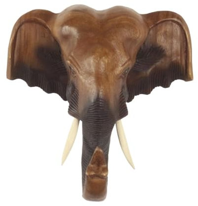 Oriental Galerie Elefantenkopf Wanddeko Elefant Holz Kopf Skulptur Figur Trophäe Wandfigur Hellbraun 30cm