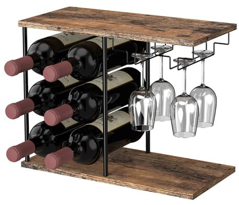 Weinregal für 6 Flaschen, Flaschenregal mit 3 Ablagen, Vintage Weinständer Metall mit Glashalter, Flaschenhalter Freistehender Flaschenregal für Küche Bar Esszimmer Wohnzimmer, Vintagebraun-schwarz