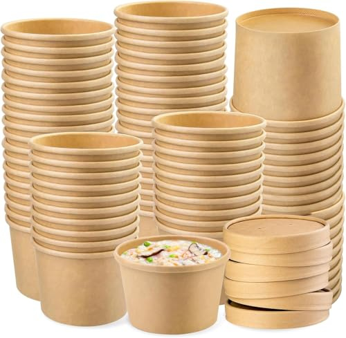 ECONX Disposable Soup Containers with Lids Paper Bowl Brown Kraft Takeaway Paper Soup Cups Takeaway Tubs for Hot or Cold Food Ice Cream, Dessert, Sundae, Frozen Yogurt, Deli Containers (50, 8oz)
