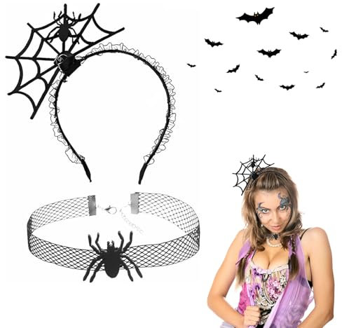 SoeUyd 2 Stück Halloween Haarreif, Halloween Spinne Stirnband, Spinnen Netz Haarreifen, Spitze Halskette mit Spinnweben, Geeignet für Halloween Karneval Gruselig Maskenball Erwachsene Karneval Partei