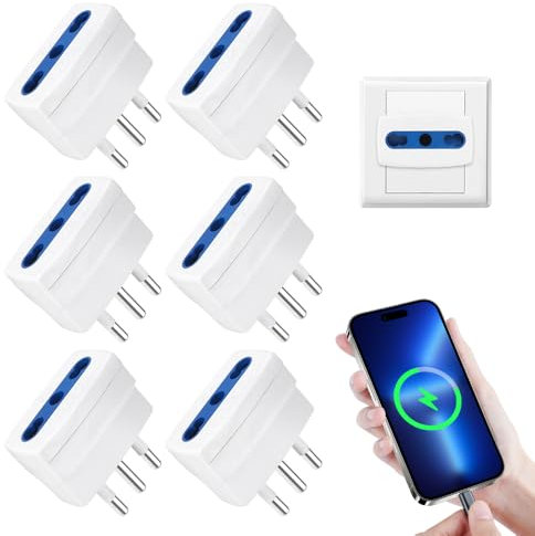 JOAASU Adattatore Riduttore Semplice Spina 16A Presa 10A, 6 Pezzi Adattatore Bipasso Spina 10A, Adattatores Bipasso Spina, con Presa Bivalente 10/16A a Spina Piccola 10A Italiana 1500W, Bianco