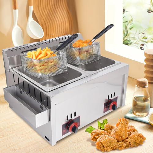 JNMDLAKO 20L Friteuse À Gaz Commerciale Professionnelle Friteuse Double Cylindre Double Écran Friteuse LPG en Acier Inoxydable Friteuse Double Grande Capacité avec Paniers Et Couvercle
