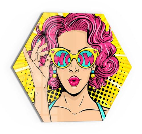 DEQORI Glasbild Echtglas | Motiv Frau mit Sonnenbrille | sechseckig einteilig Sechseck 55x47,6 cm | schöne Dekoration | Wandbild für Wohnzimmer, Schlafzimmer, Flur & Küche | Wanddeko