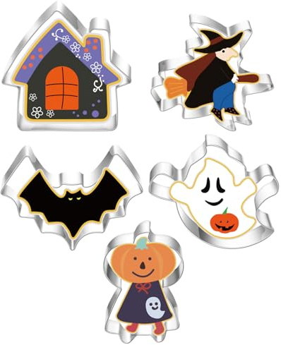 QLEUIFT Halloween Ausstechfomen Set, Halloween Ausstecher Keksausstecher, Edelstahl Halloween Ausstechformen Herbst Cookie Cutter für Kinder Zauberer, Fledermaus, Kürbismann, Spukhaus, 5 pcs