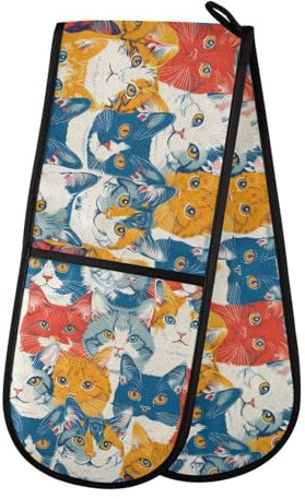 Gants de cuisine double motif chats vintage résistants à la chaleur matelassés pour barbecue, pâtisserie, cuisine