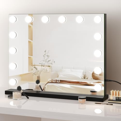 Dripex Hollywood Schminktischspiegel, Schminkspiegel mit 14 Lampen und 3 Farbtemperatur Licht, Kosmetikspiegel mit Touch Steuerung, 50 x 42 cm Schwarz, Aufstellung oder Wandmontage