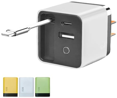 3-in-1 GaN Charger, Scalable 80W Max Fast Charging Module with Type-C Cable & 2 USB Ports, Retractable Wall Plug for Phone, Laptops, Phone and Laptops (White)