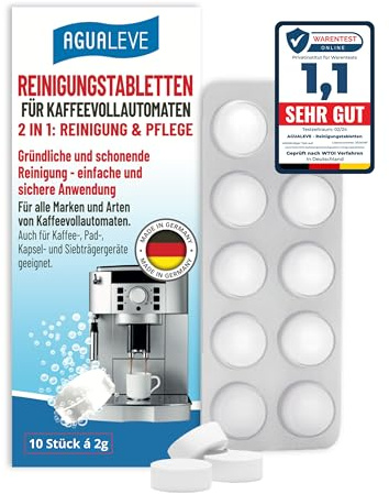 AGUALEVE® Reinigungstabletten 10 Stück (2 in 1: Reinigung + Pflege) | für alle Marken & Arten von Kaffeevollautomaten & Kaffeemaschinen, u.a. De’Longhi, Philips, Siemens, Saeco, Melitta, Miele