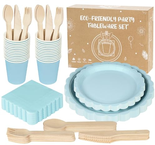 Bleu Assiette en Carton, Anstore 200 Assiettes et Couverts pour 25 Invités, Vaisselle de Fête avec Serviettes, Couteaux, Cuillères, Gobelets en Carton et Assiettes Papier pour Anniversaire Mariages