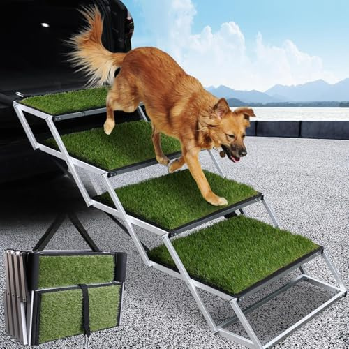 SDLDEER Hundetreppe Auto, Hunderampe Auto klappbar, Einstiegshilfe Hund Auto für alle Fahrzeuge nutzbar, Höhenverstellbar, Belastbar bis 80 kg (4 Stufen-Grass 70-90cm)