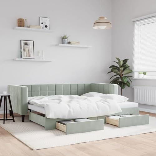 Emmtore Tagesbett Sofabett Schlafsofa für Schlafzimmer Wohnzimmer, mit Bettkasten & Schublade Bettsofa Sofa, Modernes Design Ausziehbar mit Schubladen Hellgrau 90x200 cm Samt