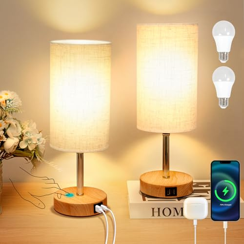 Görvitor Nachttischlampe Touch Dimmbar 2er Set, Tischlampe mit USB-A/C-Ladeanschlüssen, Leinenschirm und 3 Helligkeitsstufen, Nachttischlampe mit Kabel für Schlafzimmer (Birne 9W enthalten)