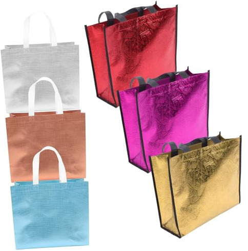 IWOWHERO 6 St Återanvändbara Gåvopåsar med Handtag Färgglada Robusta Shoppingpåsar i Aluminiumfolie för Fest Födelsedag och Jul Säkra Presentpåsar med Hög Kapacitet