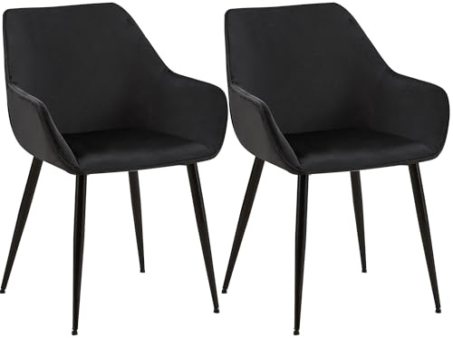 CLP Esszimmerstühle 2er Set gepolstert mit Lehne Luena, Küchenstuhl mit Samt oder Stoff, Sessel Metallgestell schwarz bis 150 kg belastbar - Farbe schwarz Material Samt